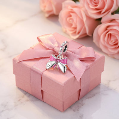 Charm, Pendentif rose pailleté en émail et zircons, pour femme, modèle Nœud Papillon Rose