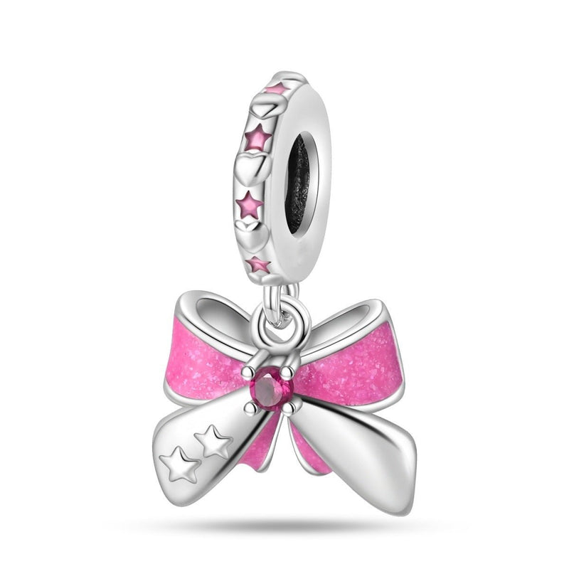 Charm, colgante rosa con purpurina de esmalte y circonitas, para mujer, modelo Lazo Rosa