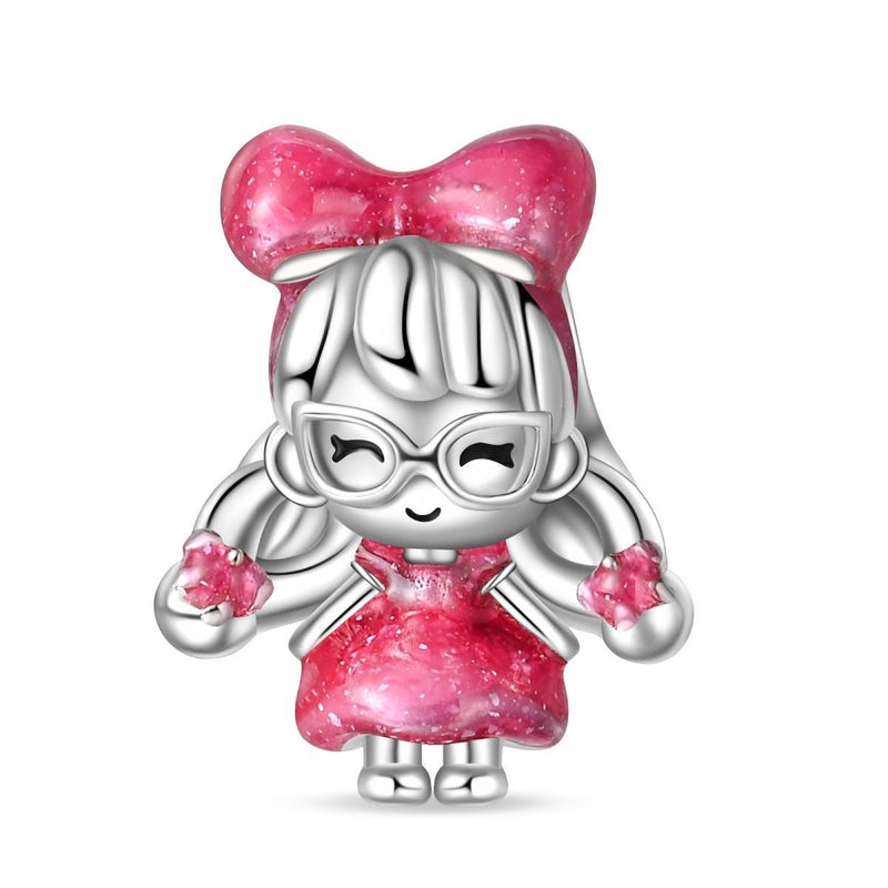 Charm, Pink Glitter Enamel and Zircon Pendant for Women, Princess with Braids Model