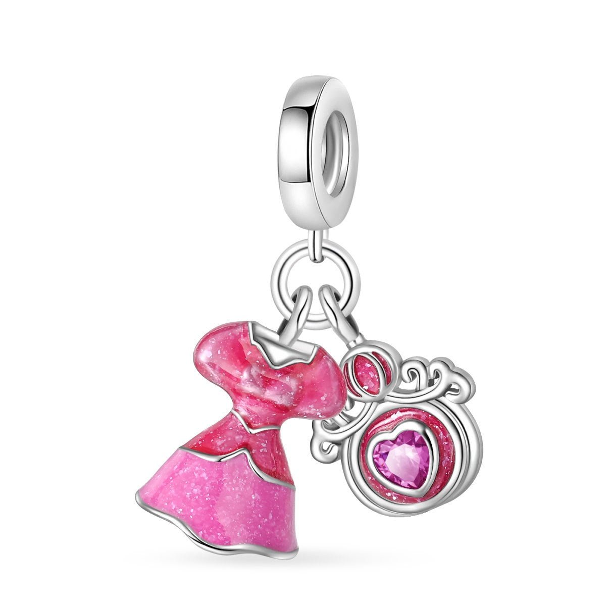 Charm, rosafarbener, glitzernder Anhänger aus Emaille und Zirkonia für Damen, Modell Prinzessinnenkleid und Kutsche