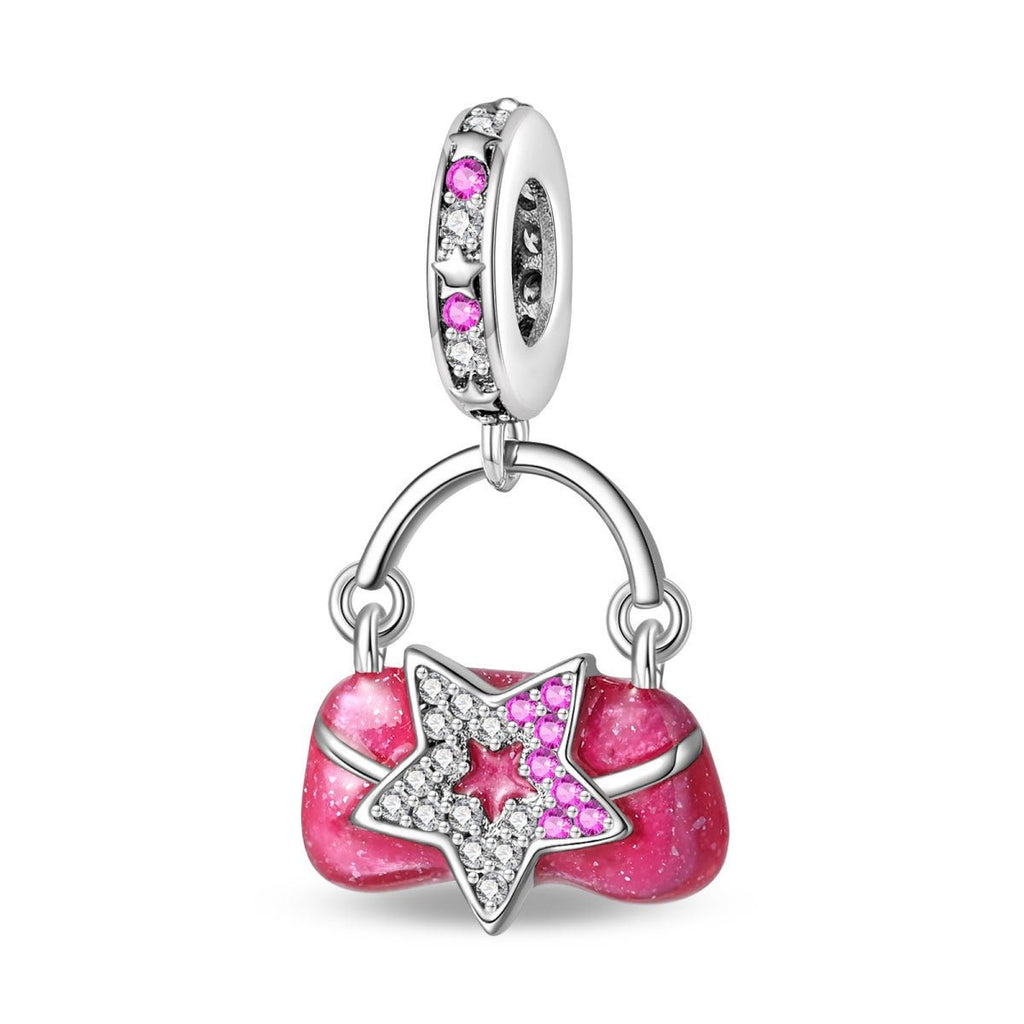 Charm, Pendentif rose pailleté en émail et zircons, pour femme, modèle Sac à Main Étoilé