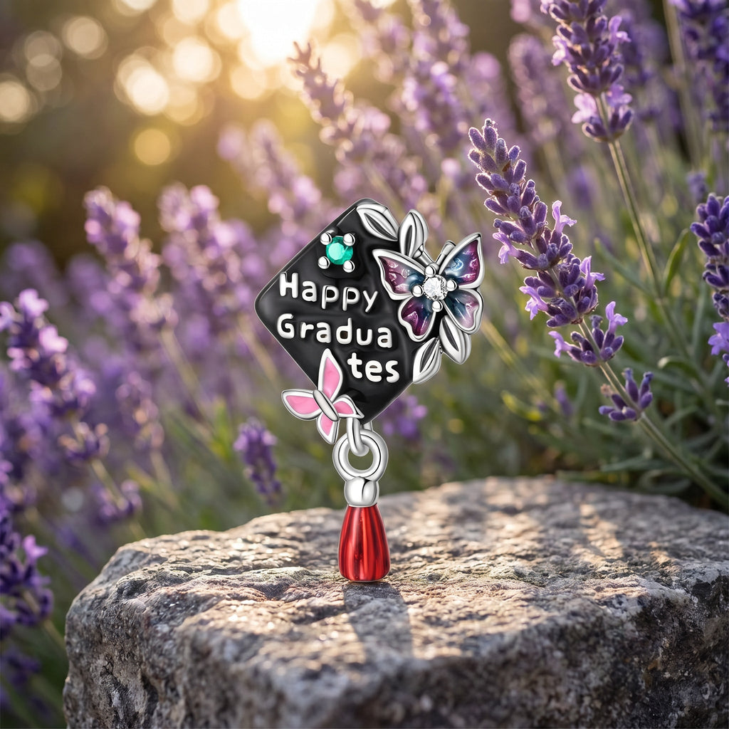 Graduation Cap Charm Bead with Iridescent Butterflies, for Women, Papillonia Model