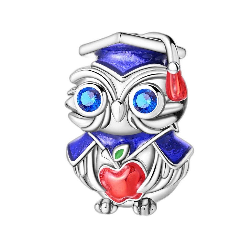 Bead charm, blue graduate owl with red apple, for women, Sapientino model