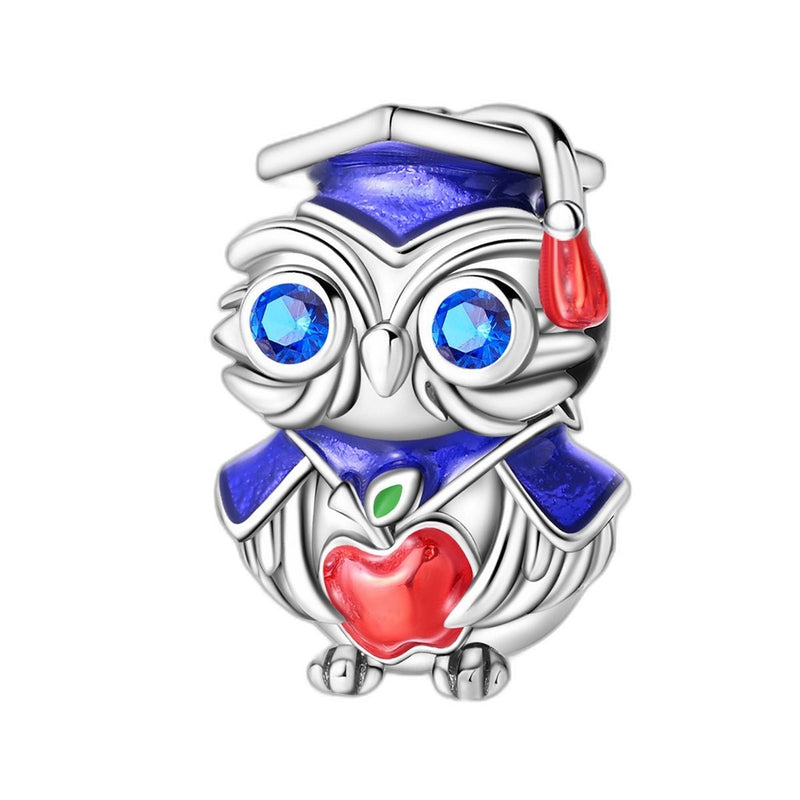 Bead charm, blue graduate owl with red apple, for women, Sapientino model