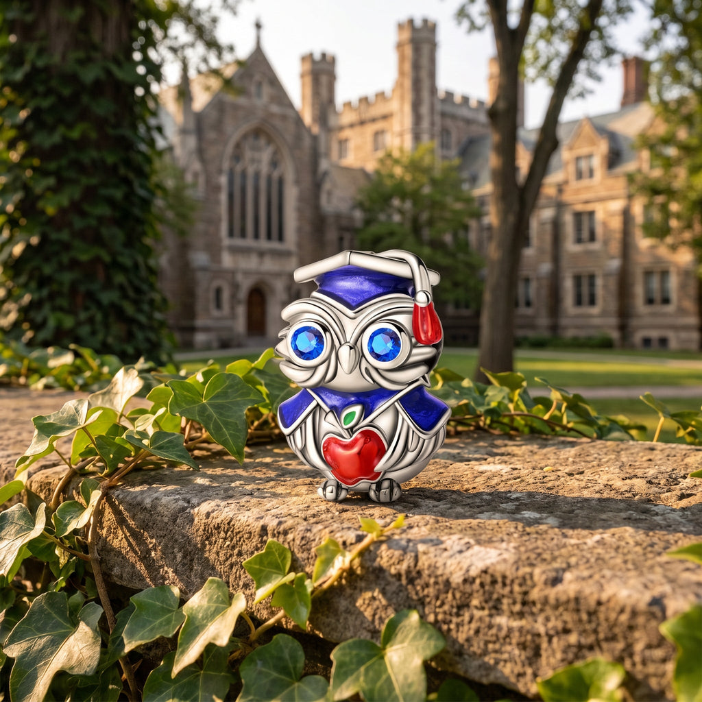 Bead charm, blue graduate owl with red apple, for women, Sapientino model