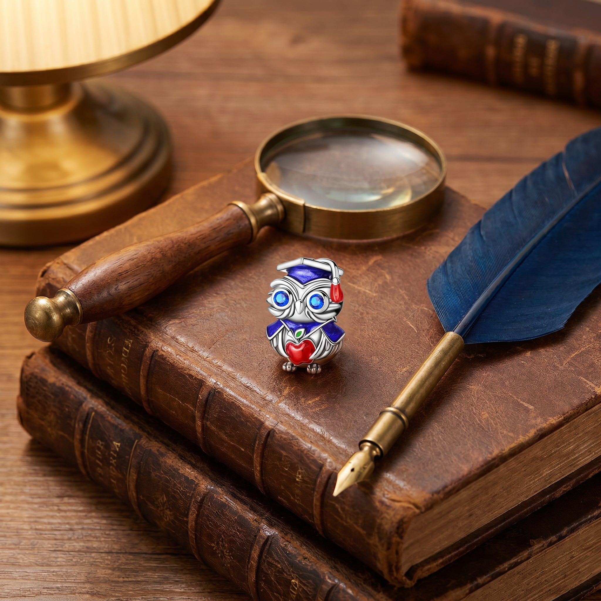 Bead charm, blue graduate owl with red apple, for women, Sapientino model