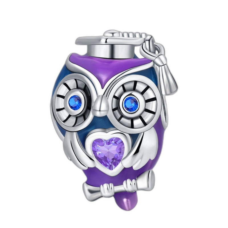 Violet and blue owl bead charm with amethyst heart, for women, Violetto model