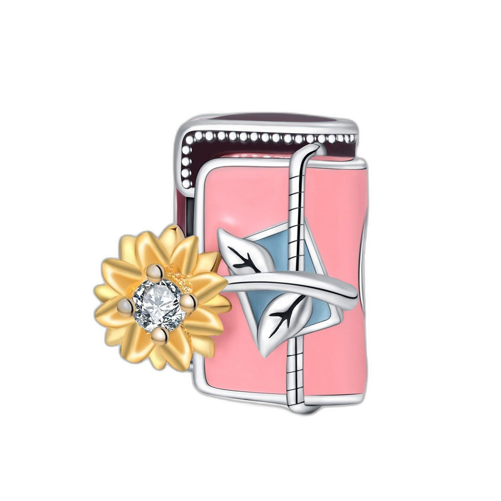 Bead charm, pink travel book with airplane and sunflower, for women, Voyagina model