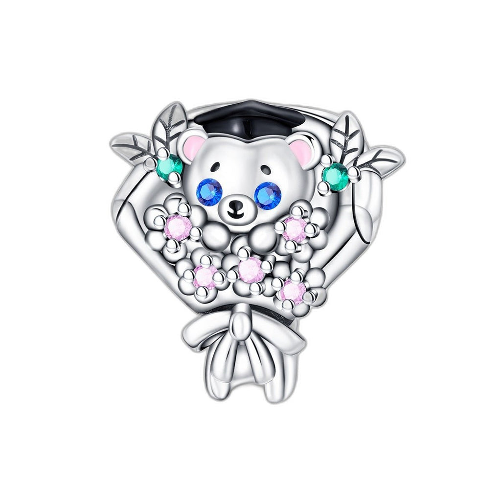 Charm perle, ourson diplômé avec bouquet de fleurs roses, pour femme, modèle Graduino