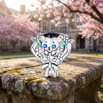 Charm perla, orsetto laureato con bouquet di fiori rosa, per donna, modello Graduino