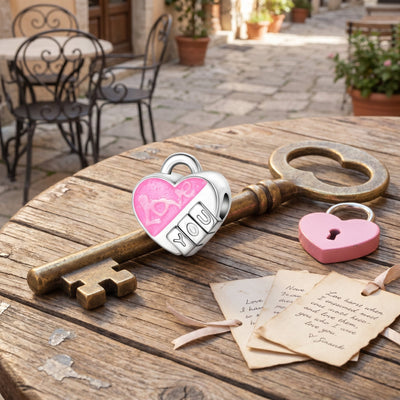 Charm coeur cadenas phosphorescent, émail rose pailleté, inscription Love You, modèle Cadenas Love You