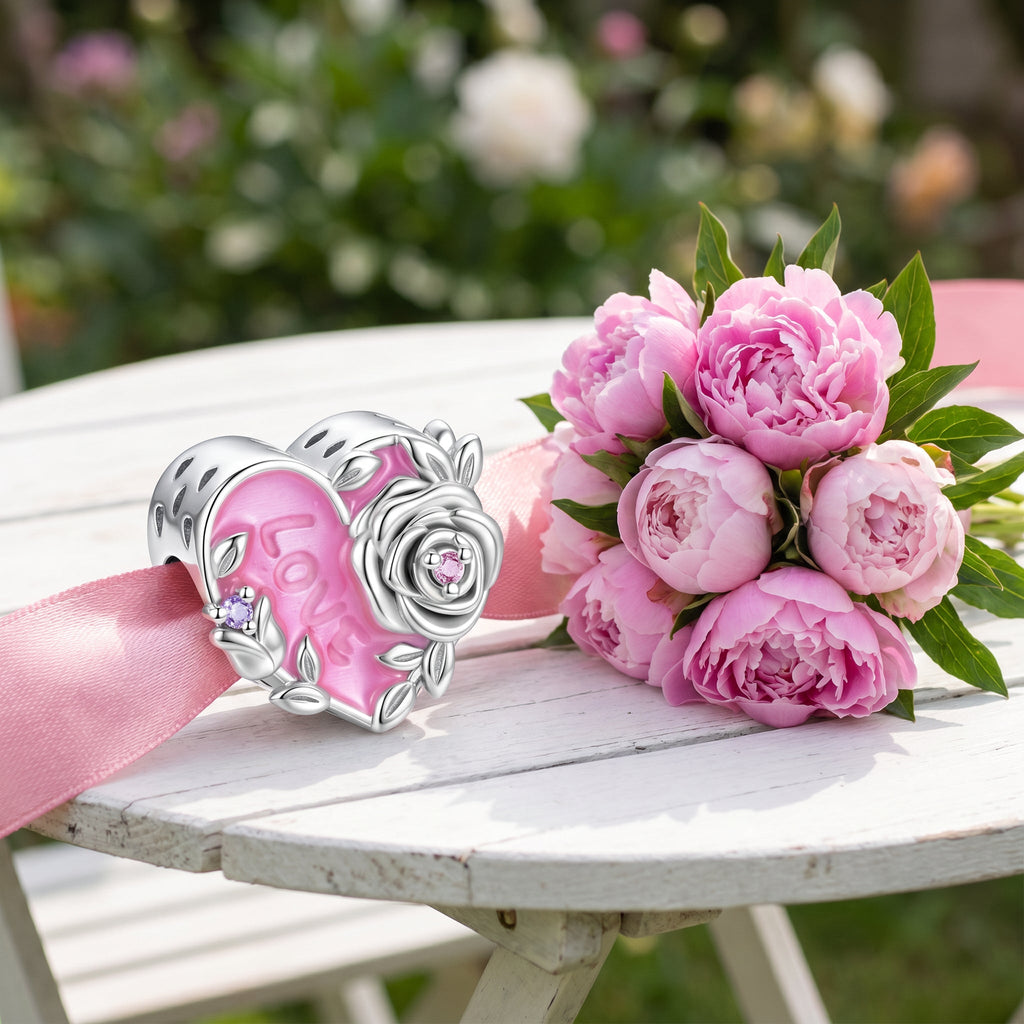 Charm perle, Perle cœur LOVE phosphorescent avec rose argentée en relief, pour femme, modèle Cœur Rose d'Amour