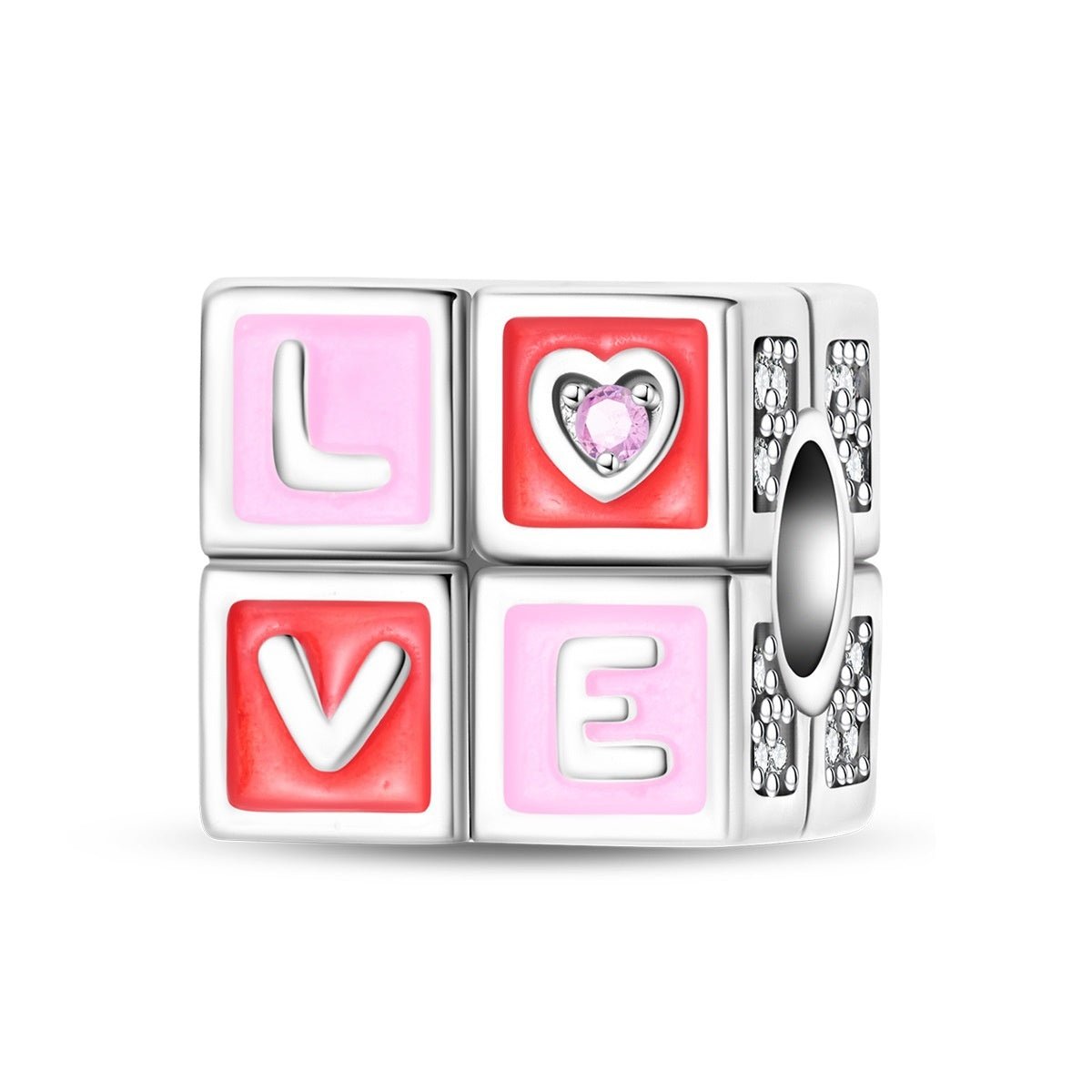 Bedel, geometrische kubusvormige kraal met roze en rode emaille die het woord LOVE vormt, voor dames, model Rubik's Cube LOVE