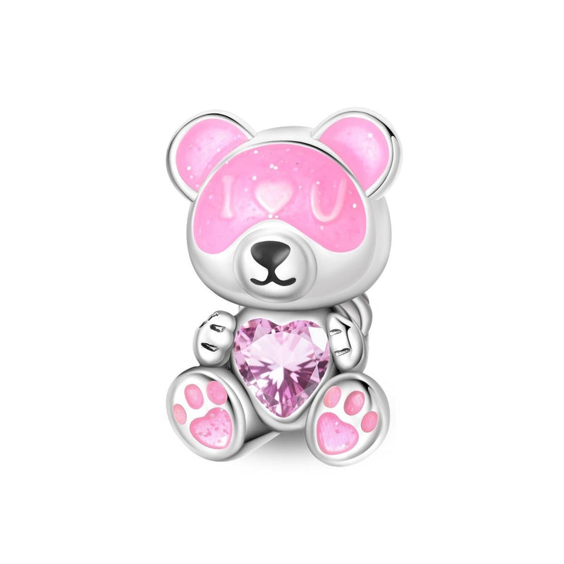 Charm-Perle, silberfarbener Bären-Perle mit leuchtender Maske und großem Herz aus rosafarbenem Zirkon, für Damen, Modell Bär I Love You