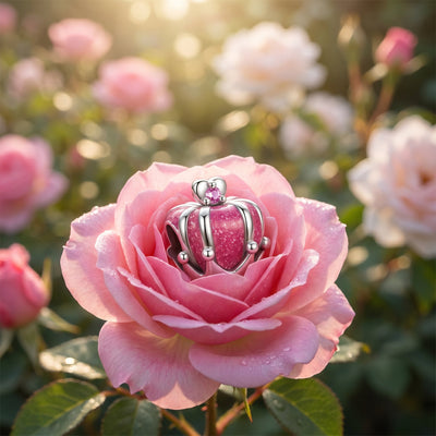 Charm, Perla rosa glitterata in smalto e zirconi, per donna, modello Corona Rosa Scintillante