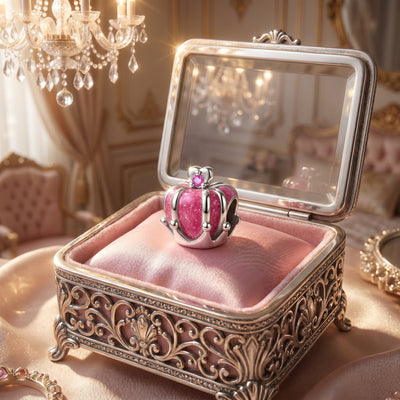 Charm, Perla rosa glitterata in smalto e zirconi, per donna, modello Corona Rosa Scintillante