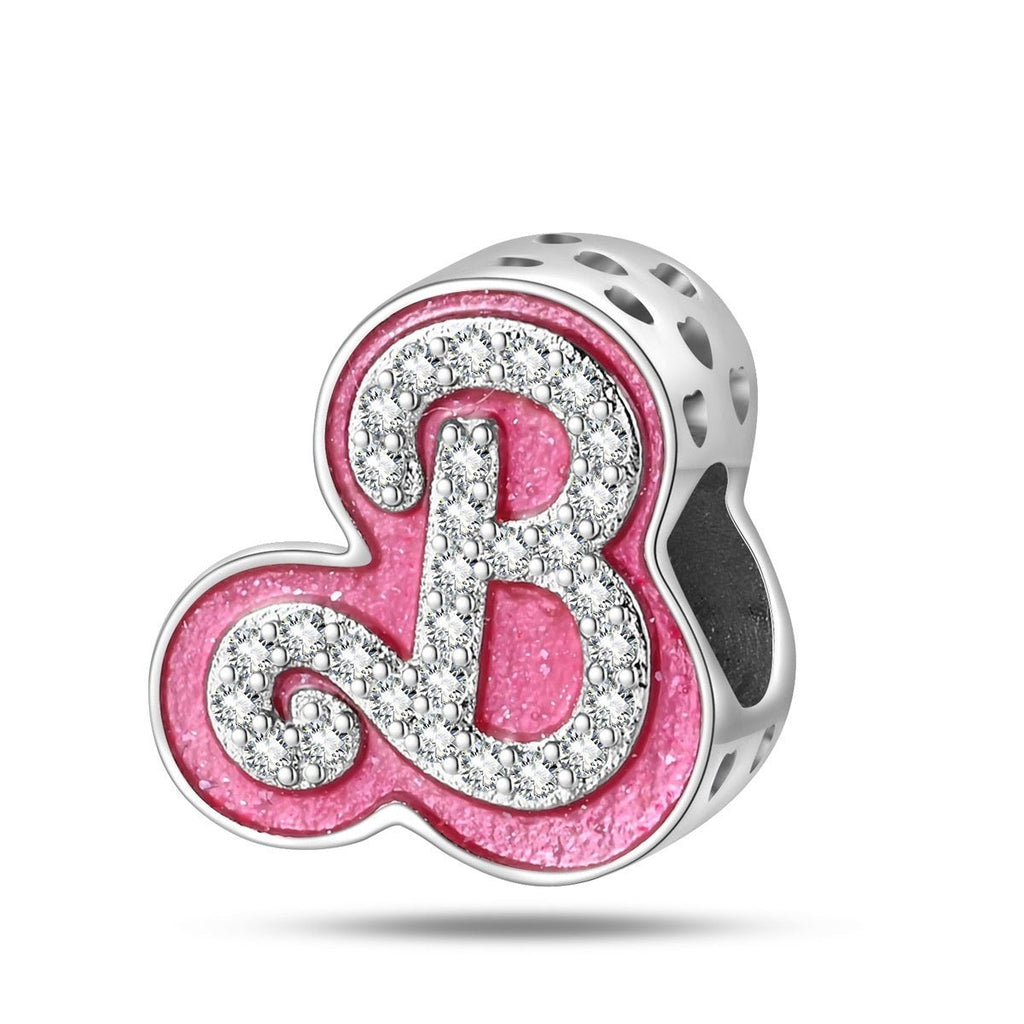 Charm, Perla rosa glitterata in smalto e zirconi, per donna, modello Lettera B con effetto diamantato