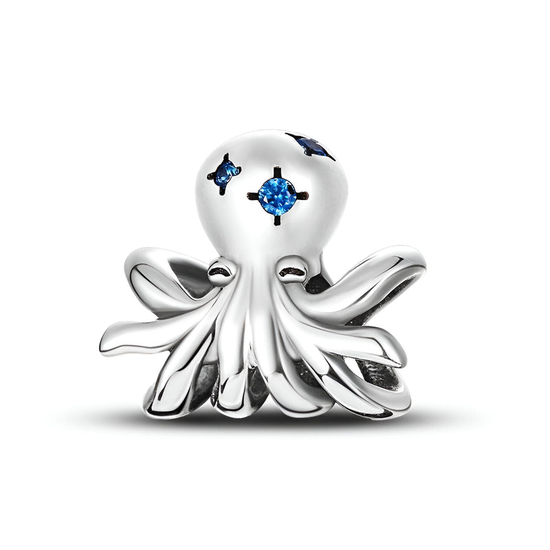 Charm poulpe en argent poli avec sept pierres bleues incrustées, modèle Fiadh.