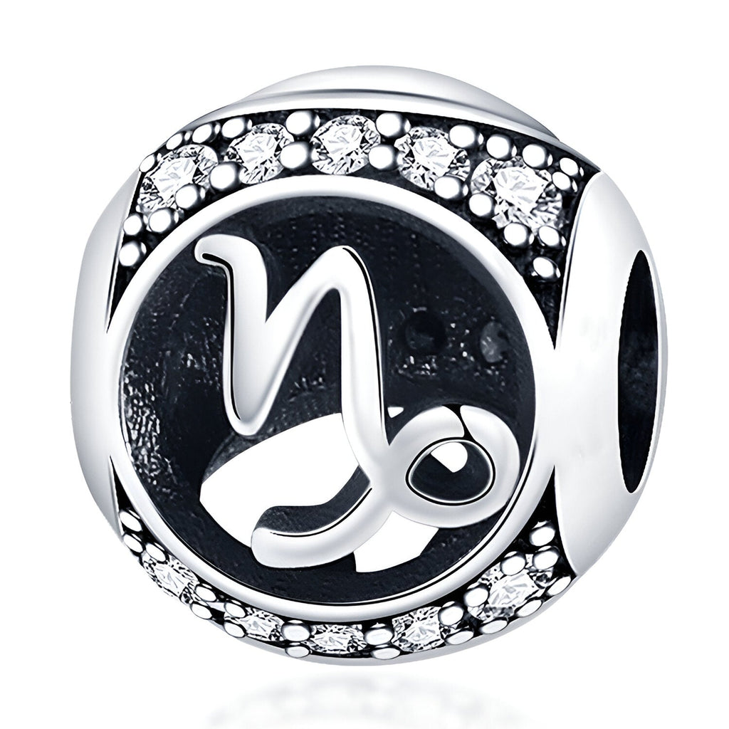 Charm rond en argent avec symbole Capricorne noir et strass scintillants autour.