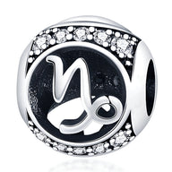 Charm rond en argent avec symbole Capricorne noir et strass scintillants autour.
