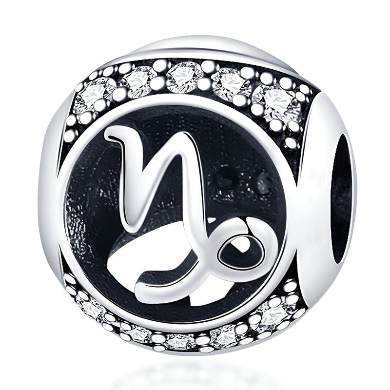 Charm rond en argent avec symbole Capricorne noir et strass scintillants autour.