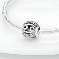 Charm rond en argent avec symbole du Lion et détails en strass sur bracelet serpentin argenté.