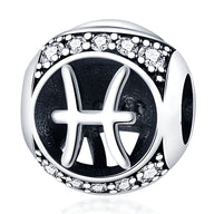 Charm rond en argent avec le signe du zodiaque Poisson et détails en strass blancs.