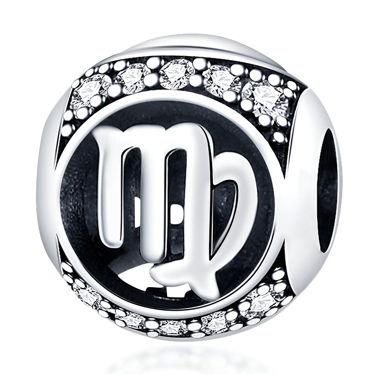 Charm rond en argent avec signe du zodiaque Vierge et détails en cristaux blancs.
