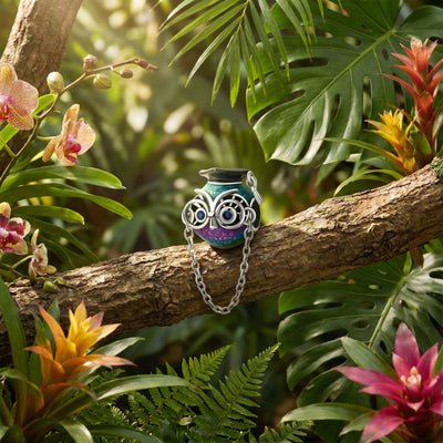 Charm gufo laureato, smalto iridescente blu viola verde, zirconi blu, per donna, modello Iridescio