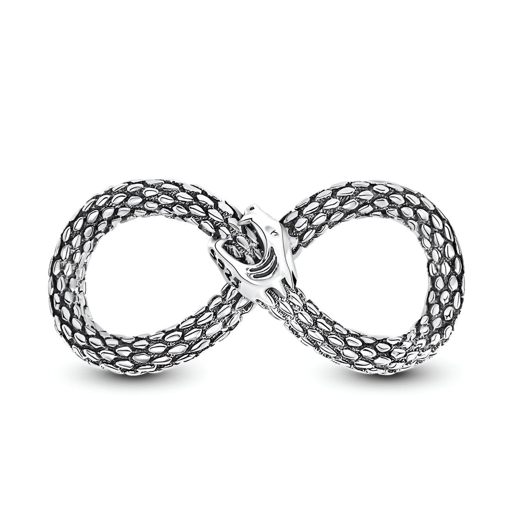 Charm en forme de serpent argenté tressé formant un symbole infini.
