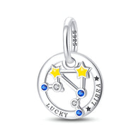 Charm rond en argent 925 avec constellation Balance, étoiles jaunes et pierres bleues, inscription Libra Lucky.