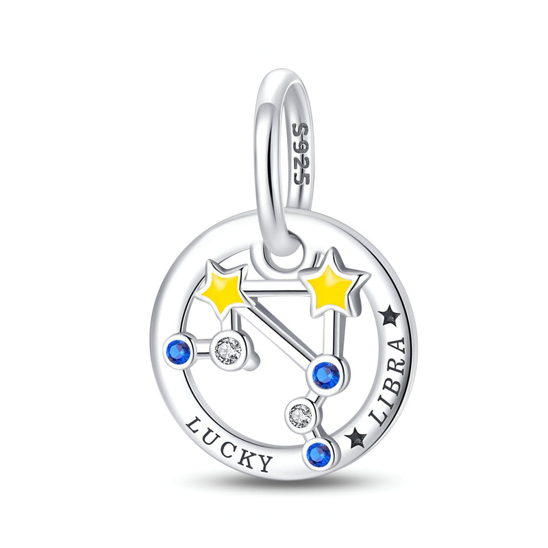Charm rond en argent 925 avec constellation Balance, étoiles jaunes et pierres bleues, inscription Libra Lucky.