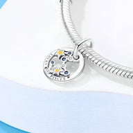 Charm rond en argent avec étoiles colorées et inscription "Pisces" sur bracelet serpent en métal argenté.