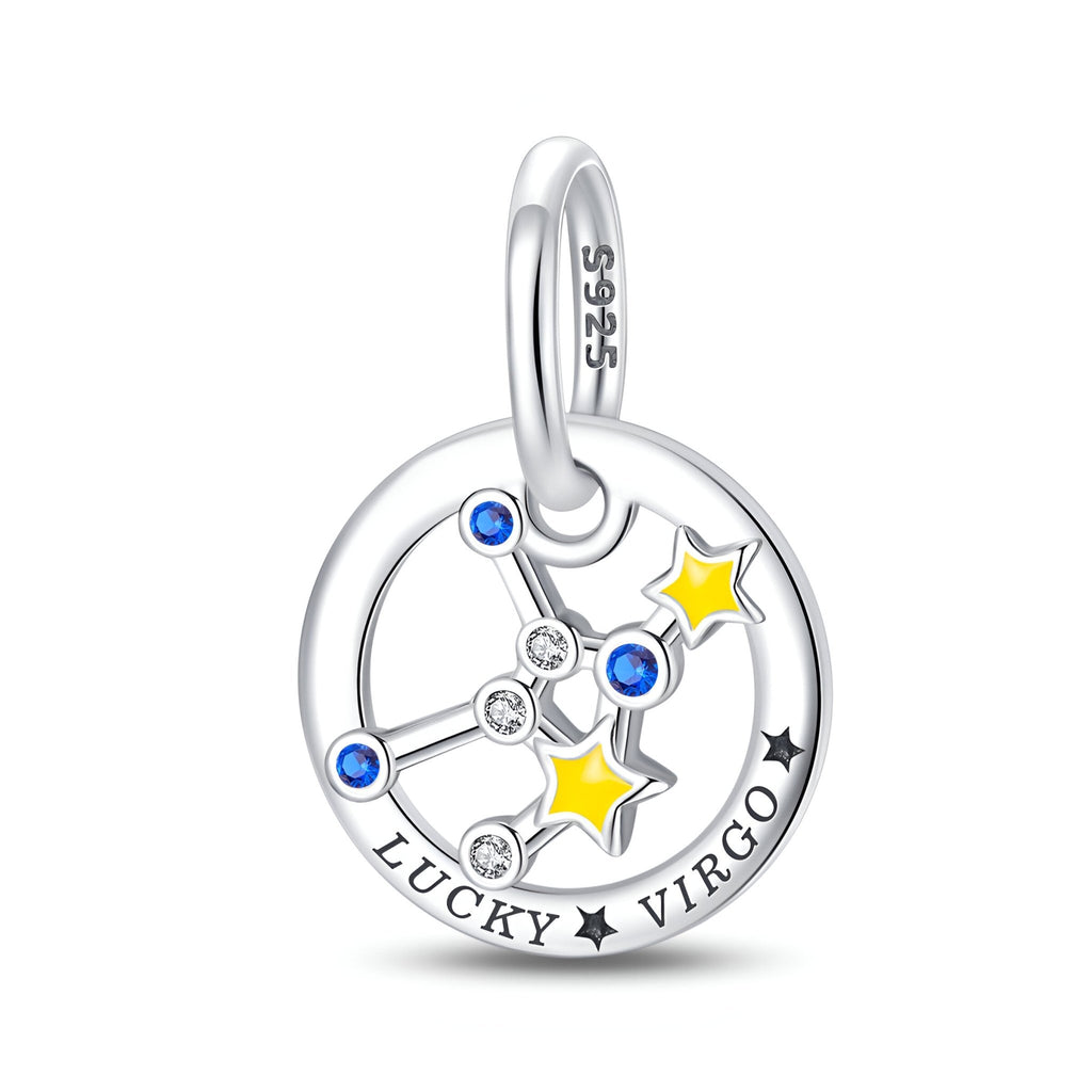 Charm en argent sterling 925 signe Vierge avec étoiles jaunes et pierres bleues, texte Lucky Virgo gravé.