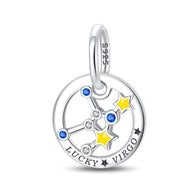 Charm en argent sterling 925 signe Vierge avec étoiles jaunes et pierres bleues, texte Lucky Virgo gravé.