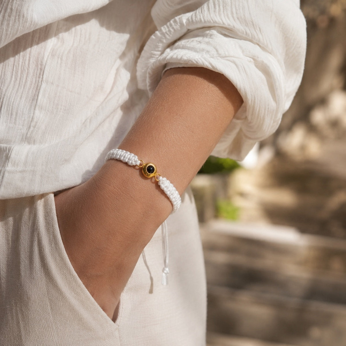 Personalisiertes Fotoband-Armband, Kordel und Edelstahl, Modell Cielo