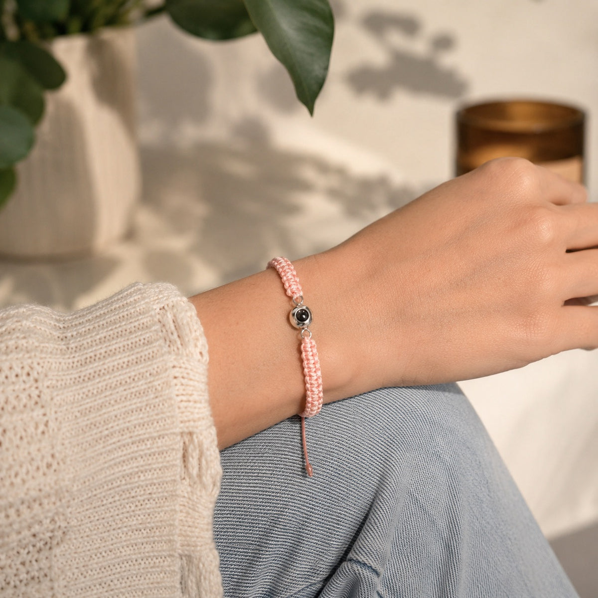 Personalisiertes Fotoband-Armband, Kordel und Edelstahl, Modell Cielo