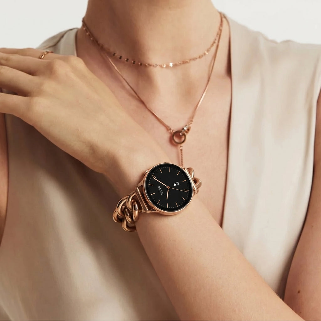 Bracelet femme pour smartwatch, maille gourmette élégante, maillons amovibles, compatible Samsung / Ice Watch / Garmin / Huawei / Honor / Amazfit / Xiaomi, modèle Ciza