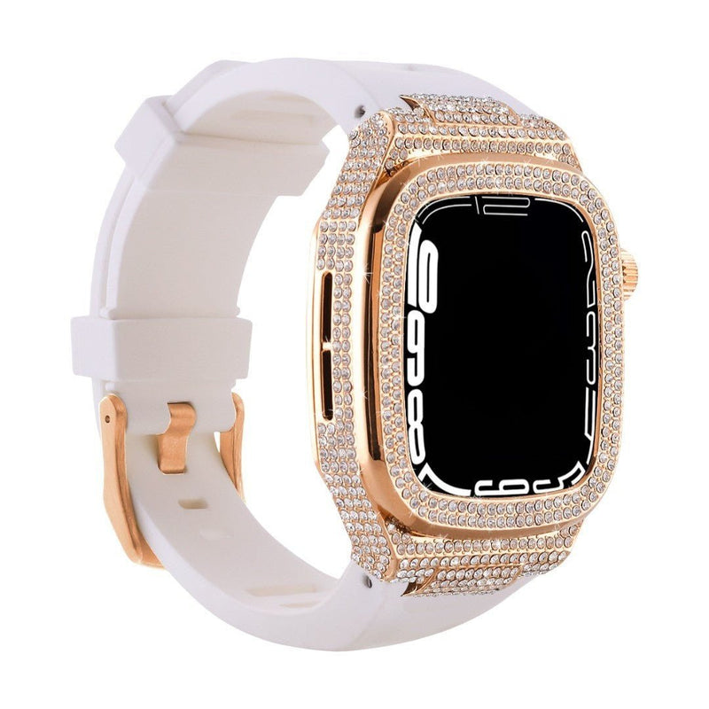 Carcasă completă Apple Watch strălucitoare, brățară din silicon și strasuri, compatibilă 44/45/46mm, model Svara