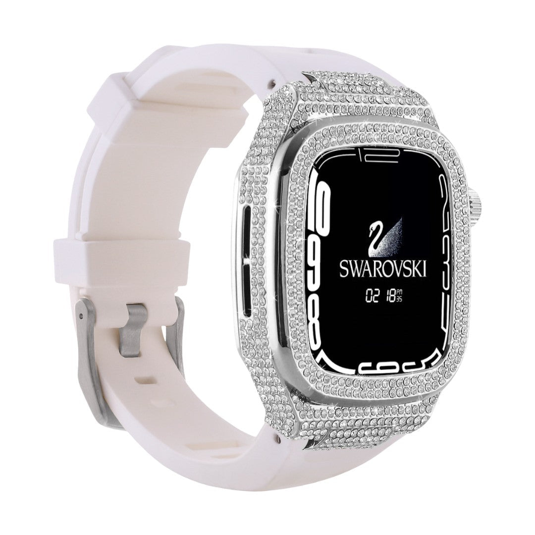 Coque complète Apple Watch strassée argentée brillante avec bracelet silicone blanc compatible 44/45/46mm.