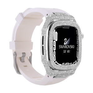 Coque complète Apple Watch strassée argentée brillante avec bracelet silicone blanc compatible 44/45/46mm.