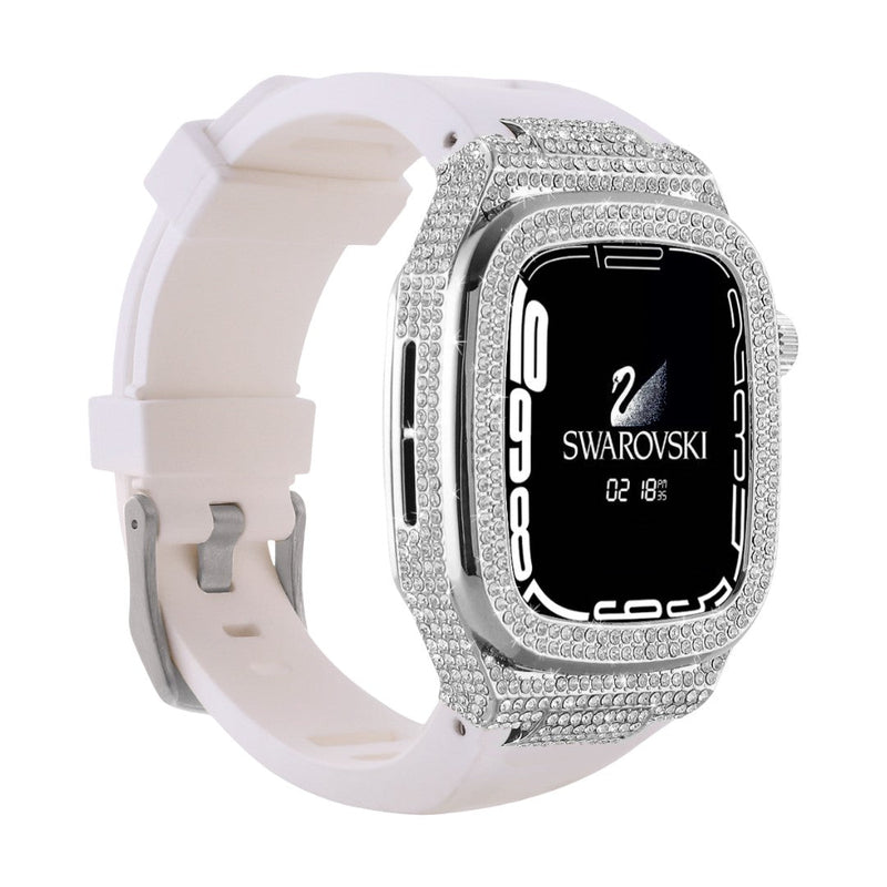 Coque complète Apple Watch strassée argentée brillante avec bracelet silicone blanc compatible 44/45/46mm.