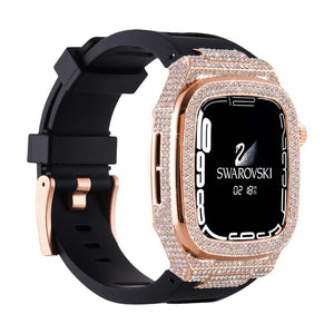 Coque complète pour Apple Watch 44/45/46mm avec strass scintillants rose doré, bracelet silicone noir.