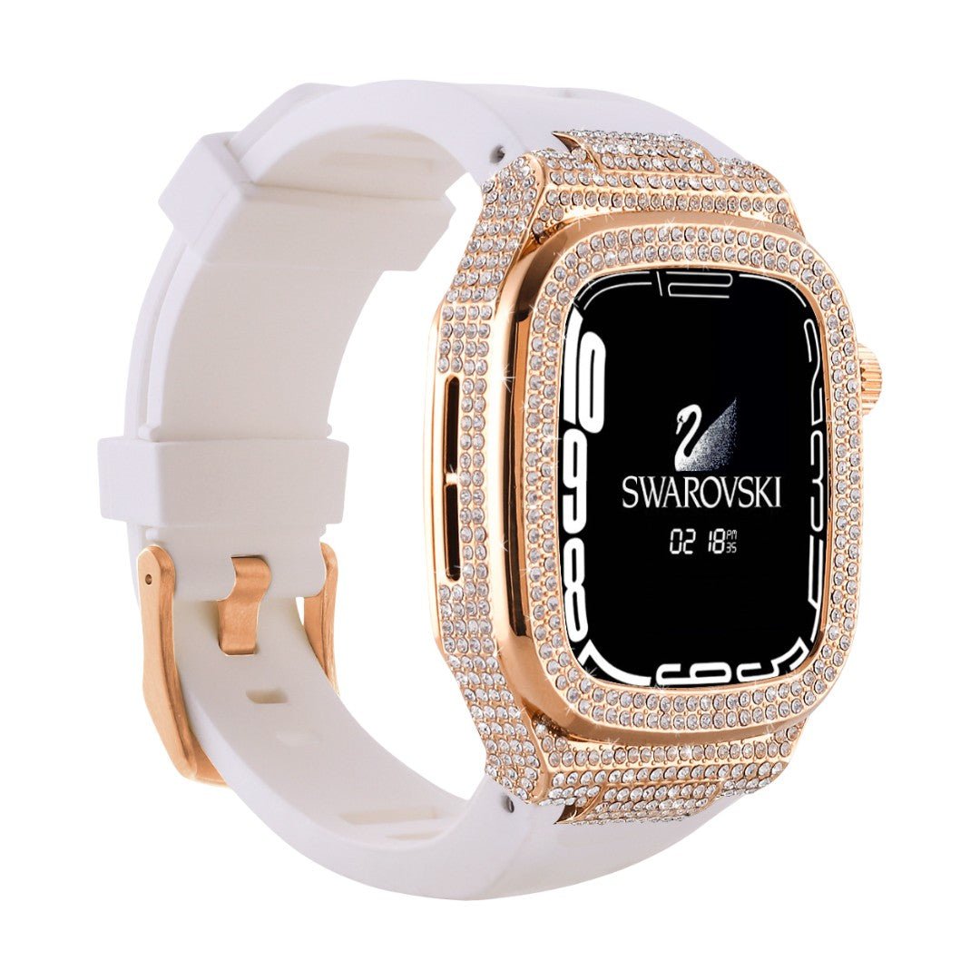 Coque complète pour Apple Watch en strass scintillants dorés avec bracelet en silicone blanc, design élégant compatible.