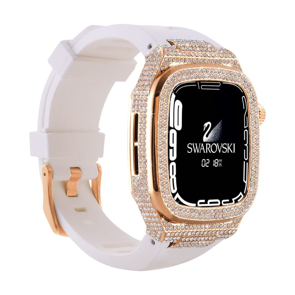 Coque complète pour Apple Watch en strass scintillants dorés avec bracelet en silicone blanc, design élégant compatible.