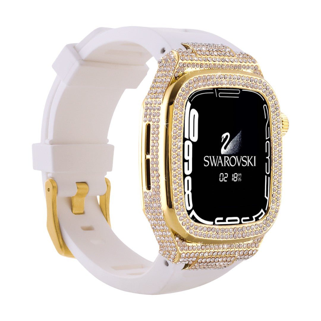 Coque Apple Watch dorée entièrement ornée de strass, bracelet silicone blanc avec boucle dorée, compatible 44/45/46mm.