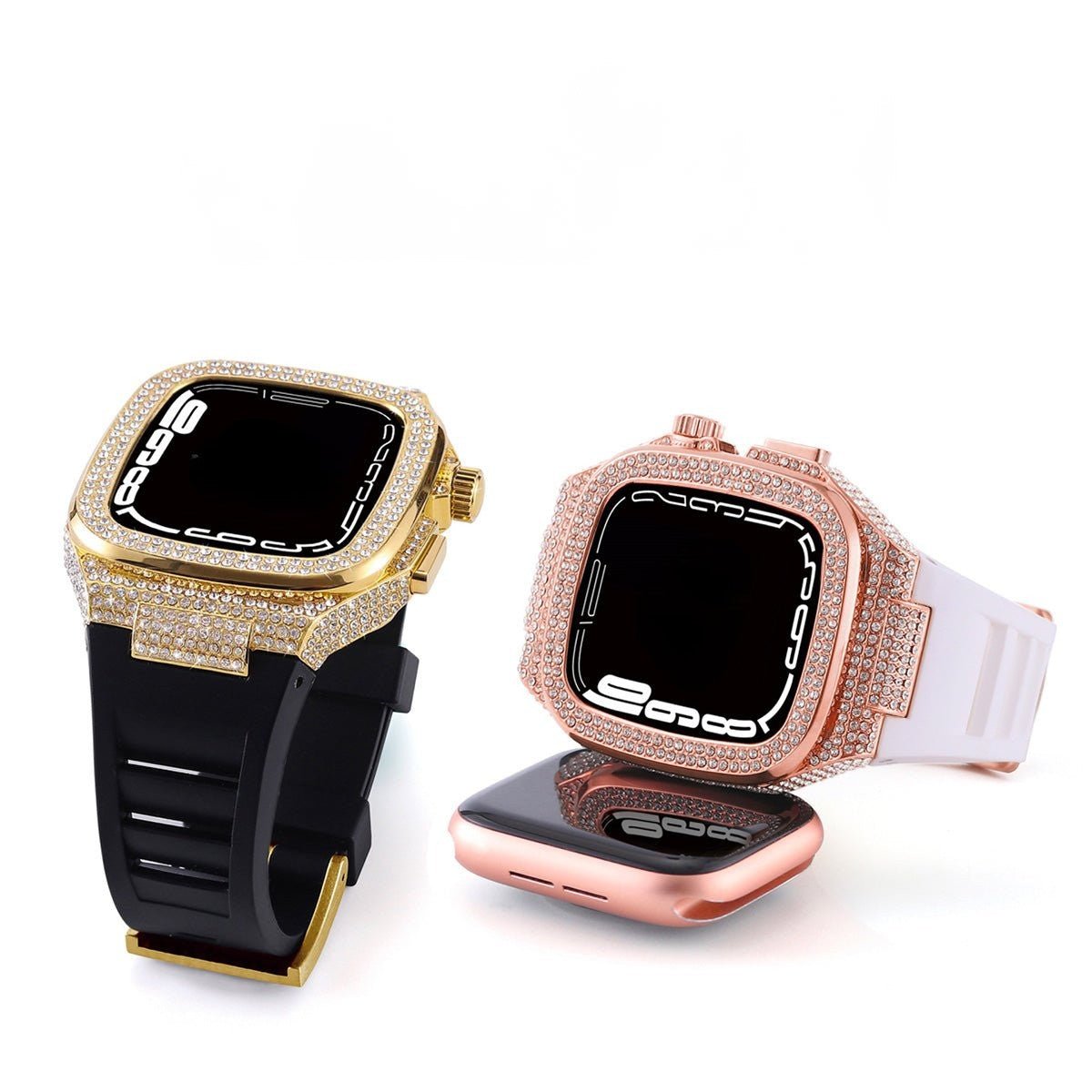 Carcasă completă Apple Watch strălucitoare, brățară din silicon și strasuri, compatibilă 44/45/46mm, model Svara