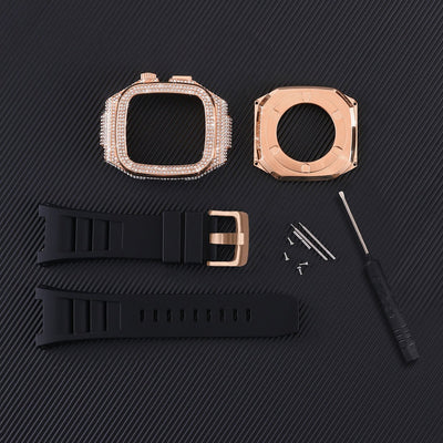 Coque intégrale rose doré scintillante avec strass, bracelet silicone noir, outil et fixations pour Apple Watch 44/45/46mm.