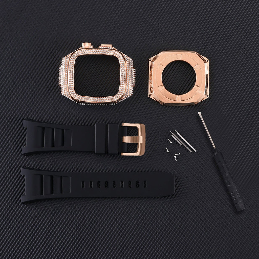 Coque intégrale rose doré scintillante avec strass, bracelet silicone noir, outil et fixations pour Apple Watch 44/45/46mm.