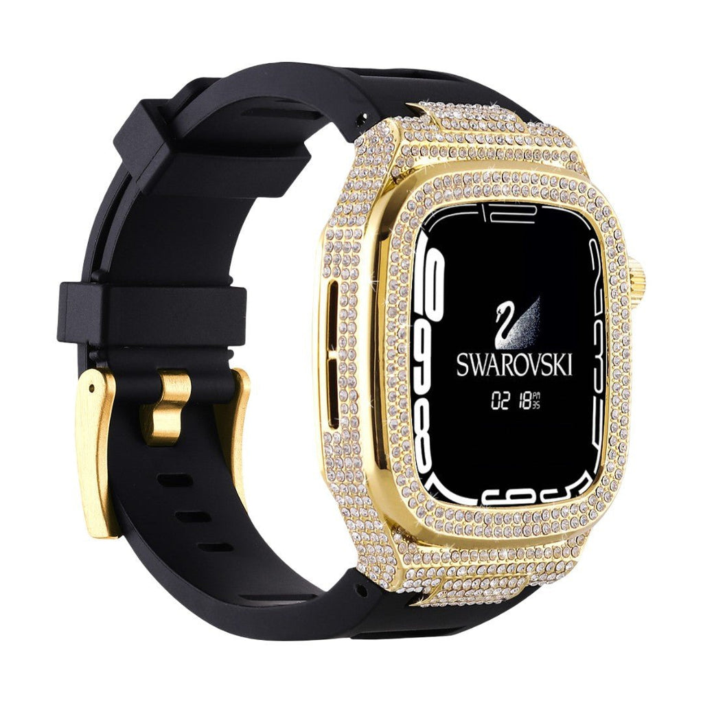 Bracelet silicone noir avec boucle dorée, coque Apple Watch 44/45/46mm ornée de strass dorés scintillants.